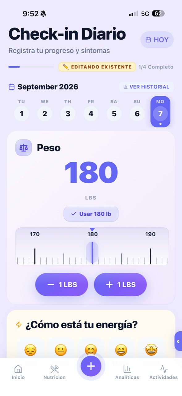Pantalla real de Weight Pocket en español: check-in diario, registro de peso y energía